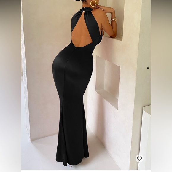 Unstoppable | BLACK SATIN CROSS OVER HALTERNECK MAXI DRESS - Picture 6 of 6